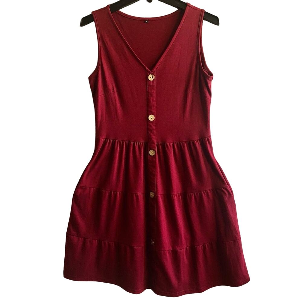 Burgundy Faux Button Sleeveless V Neck Fit Flare Tank Dress Small